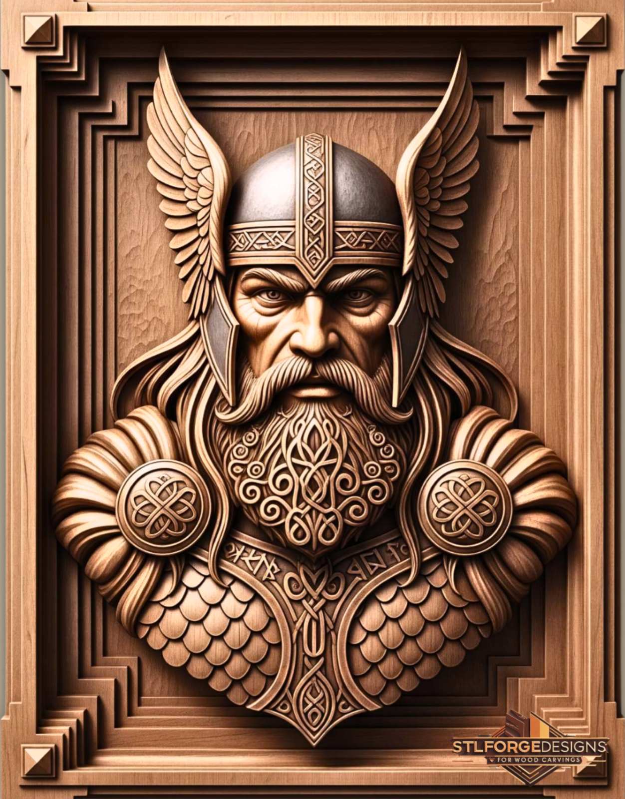 Detail STL CNC Odin bust Norse — winged helmet with nasal guard Celtic helmet ornament scale armor Celtic beard two Celtic shoulder medallions and Art Deco frame