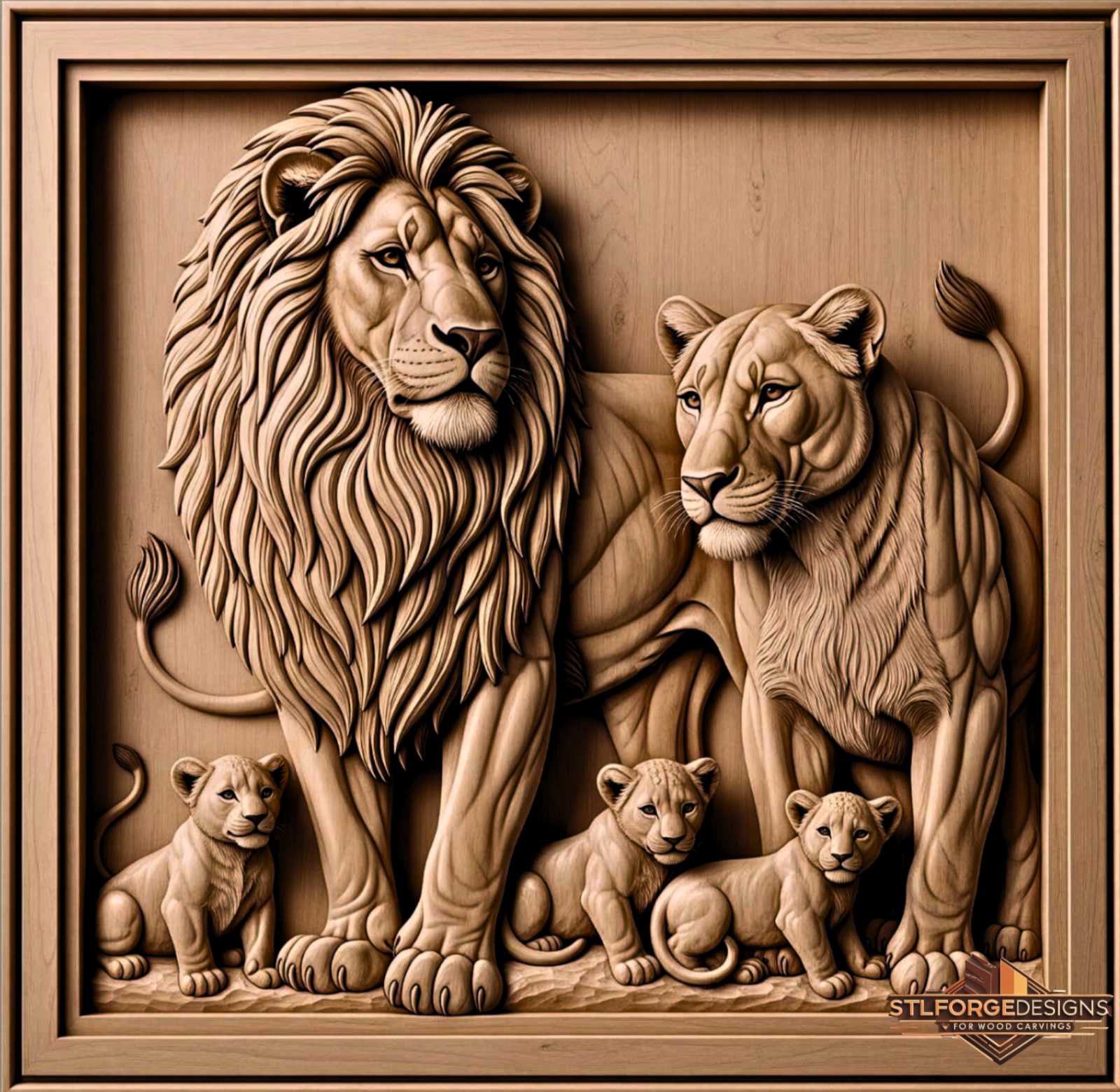 Lion family framed STL CNC detail — close-up of lion mane and three cubs in foreground, deep 3D relief with frame border