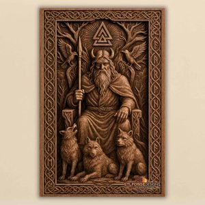 Odin throne wolves runes STL CNC wall panel — finished wood carving of Odin on throne wolves ravens and rune frame Norse mythology, beech wood