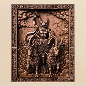Thor chariot goats foreground STL CNC router 3D relief — Norse goats foreground with long horns Thor small above in clouds with Mjolnir Celtic decorated chariot front runic borders and Celtic frame wood carving model