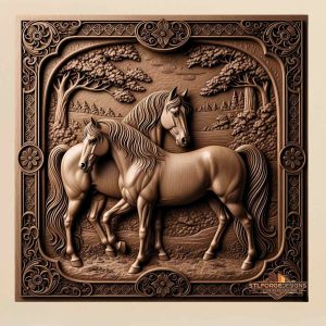 two horses ornamental frame cnc stl floral frame forest scene 3D relief