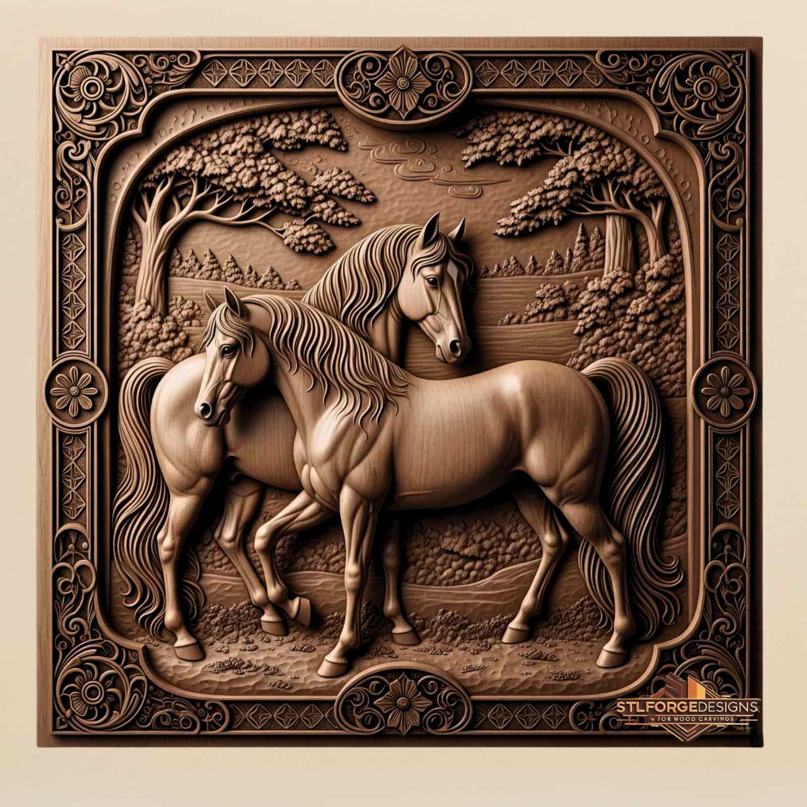 two horses ornamental frame cnc stl floral frame forest scene 3D relief