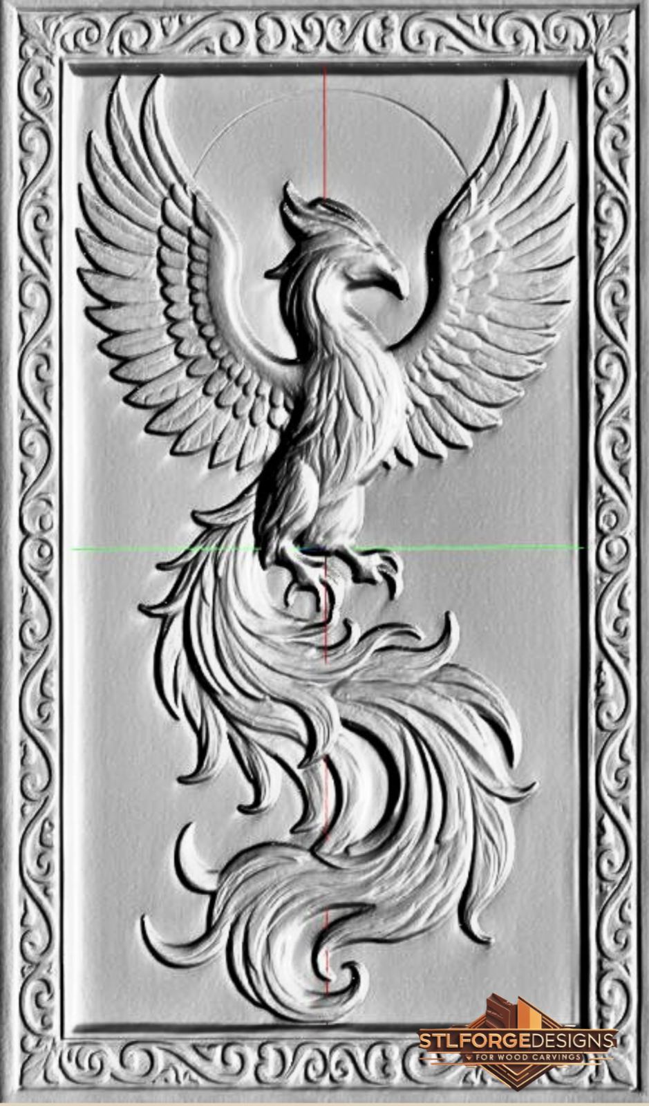 Phoenix STL File – 3D Relief CNC Wood Carving Model | Phoenix with Decorative Frame | Wall Panel - Image 3
