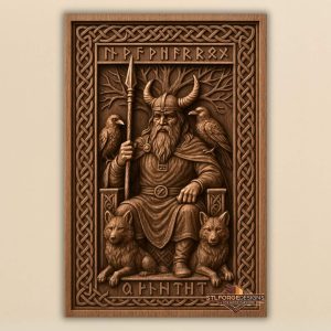 Odin throne ravens wolves STL CNC 3D relief — Odin on throne with horned helmet two ravens two wolves Yggdrasil and runes in rich Celtic frame, wood carving model
