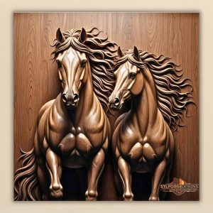 Horses flowing manes STL CNC wall panel — finished wood carving of two horses with flowing manes in modern style, beech wood