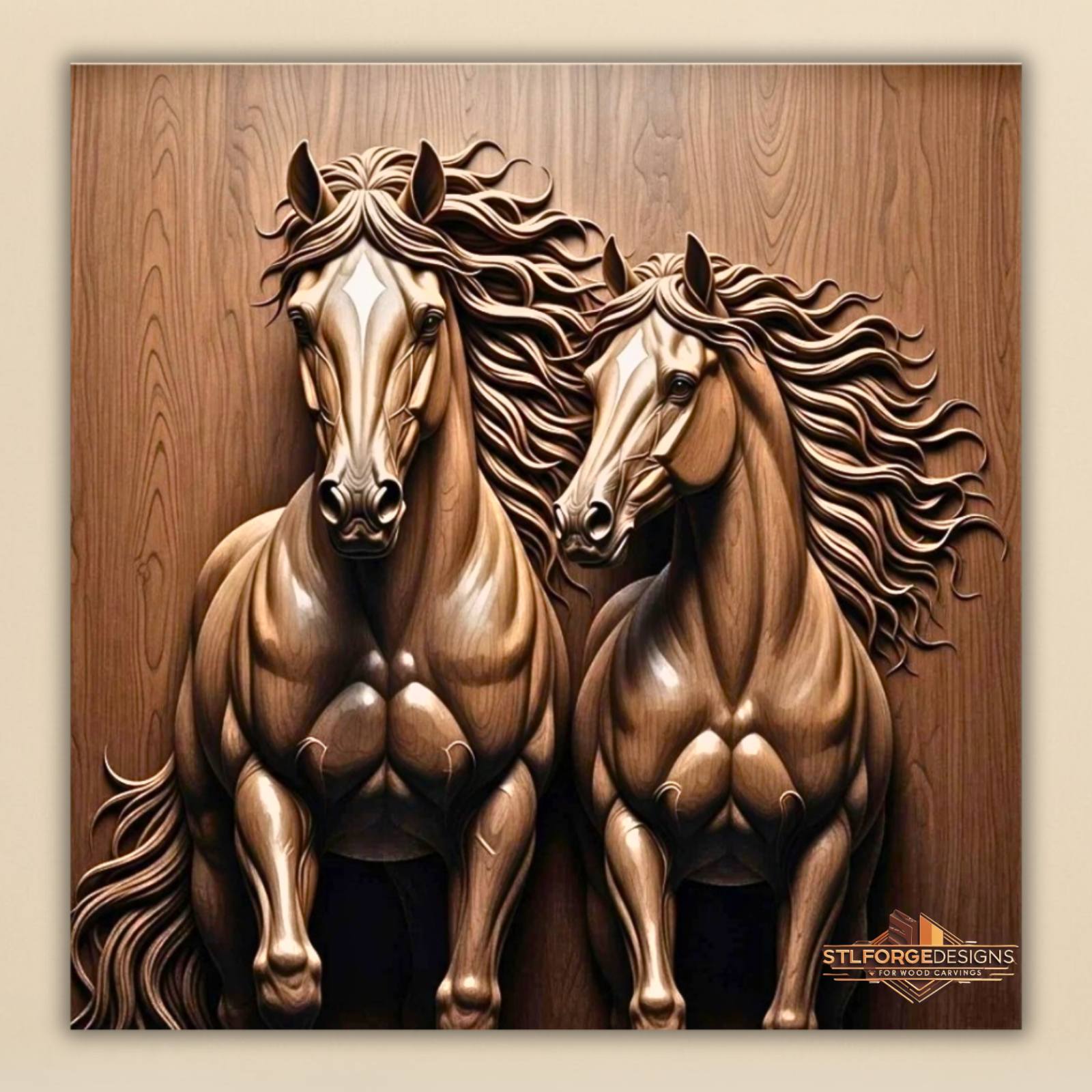 Horses flowing manes STL CNC wall panel — finished wood carving of two horses with flowing manes in modern style, beech wood