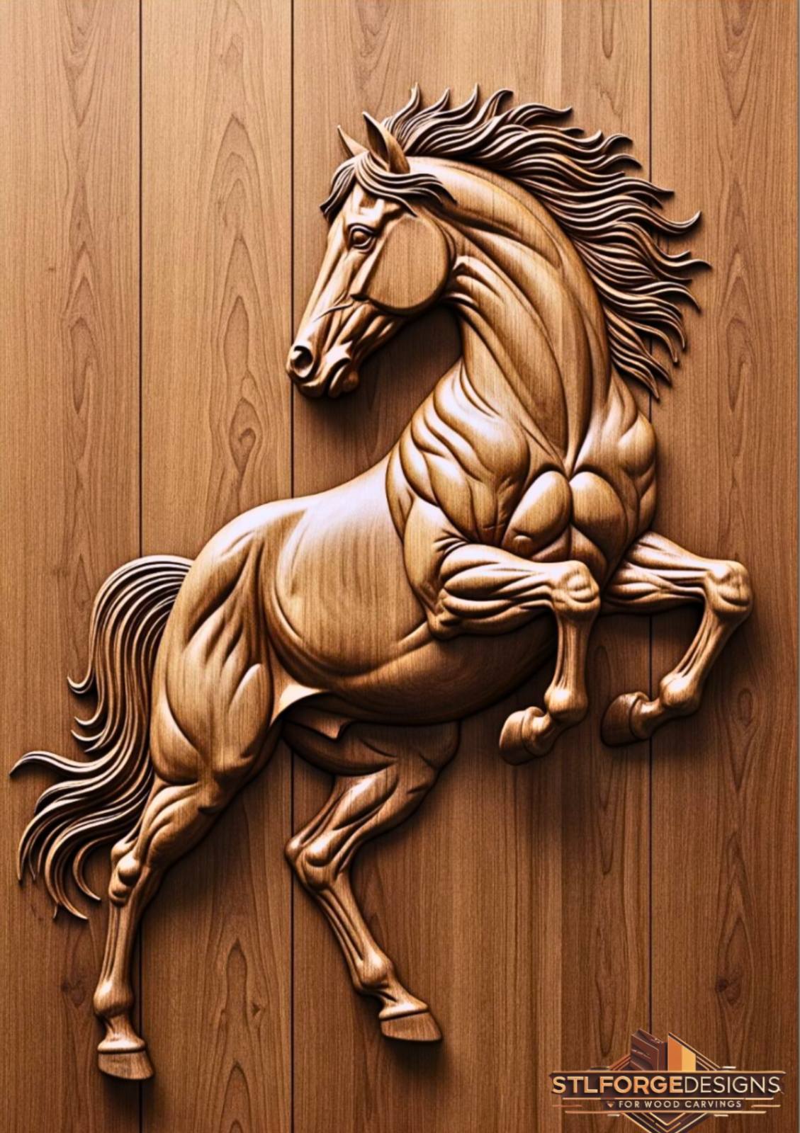 Galloping horse STL CNC detail — close-up of galloping horse musculature with multi-layer flowing mane, deep 3D relief