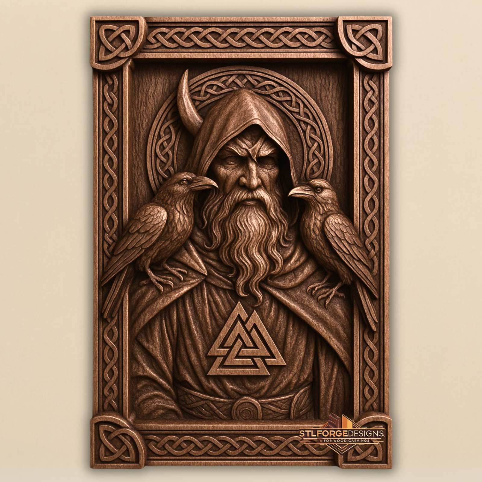 Odin wanderer ravens Valknut STL CNC router 3D relief — Norse god Odin hooded with horn two ravens on shoulders Valknut at center Celtic arch behind head and Celtic frame with ornamental corners wood carving model