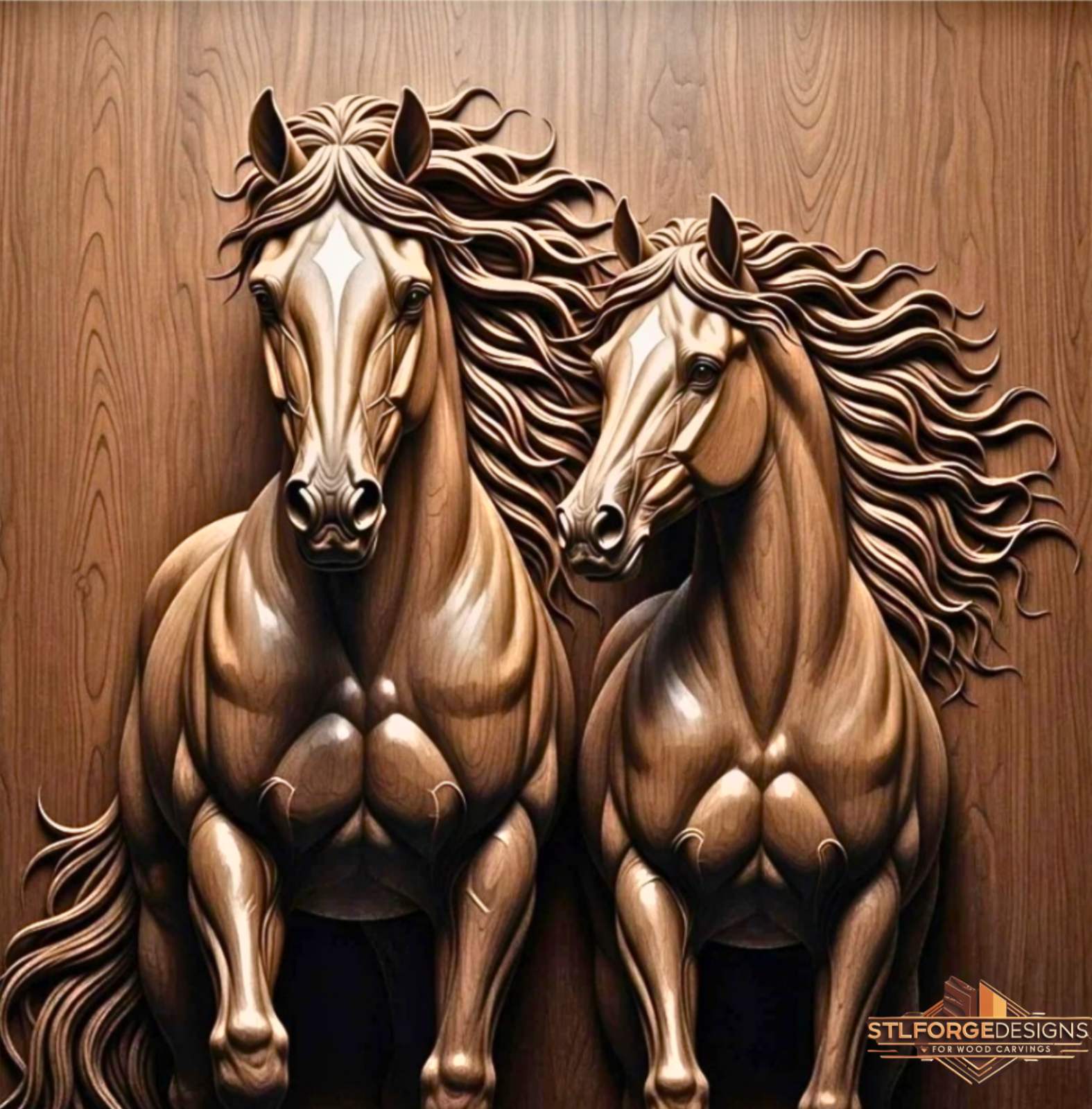 Horses flowing manes STL CNC 3D relief — two horses with dramatic flowing manes in modern sculptural style no frame, wood carving model