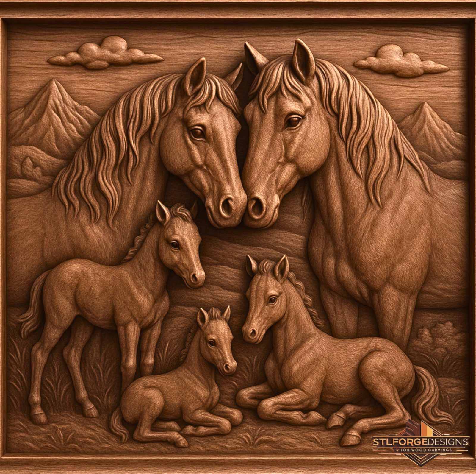 Horse family framed STL CNC detail — close-up of two horses touching noses with three foals around them, deep 3D relief