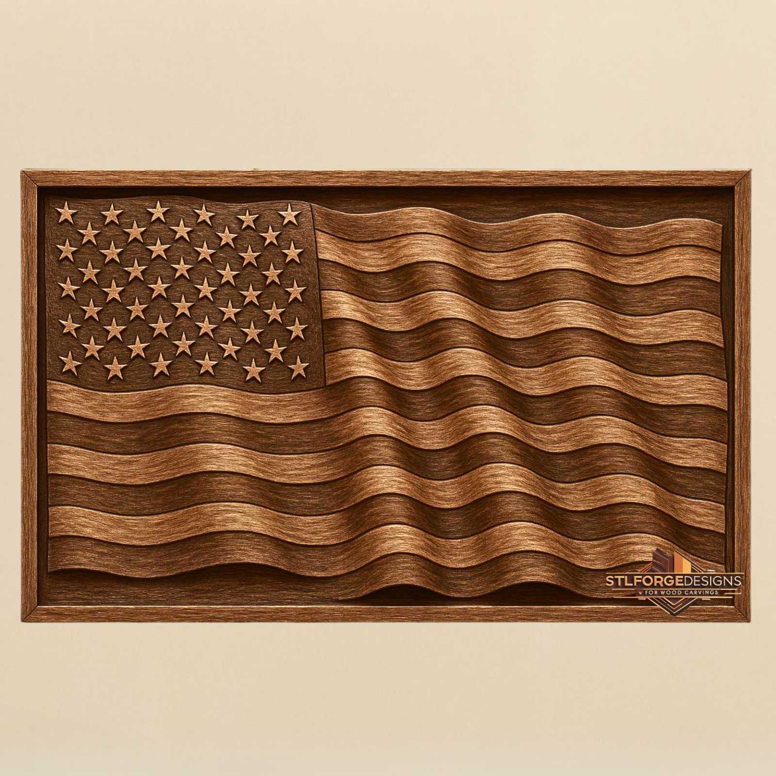 American flag STL CNC 3D relief — wavy American flag with 50 stars and relief wavy stripes in decorative frame, horizontal composition, wood carving model