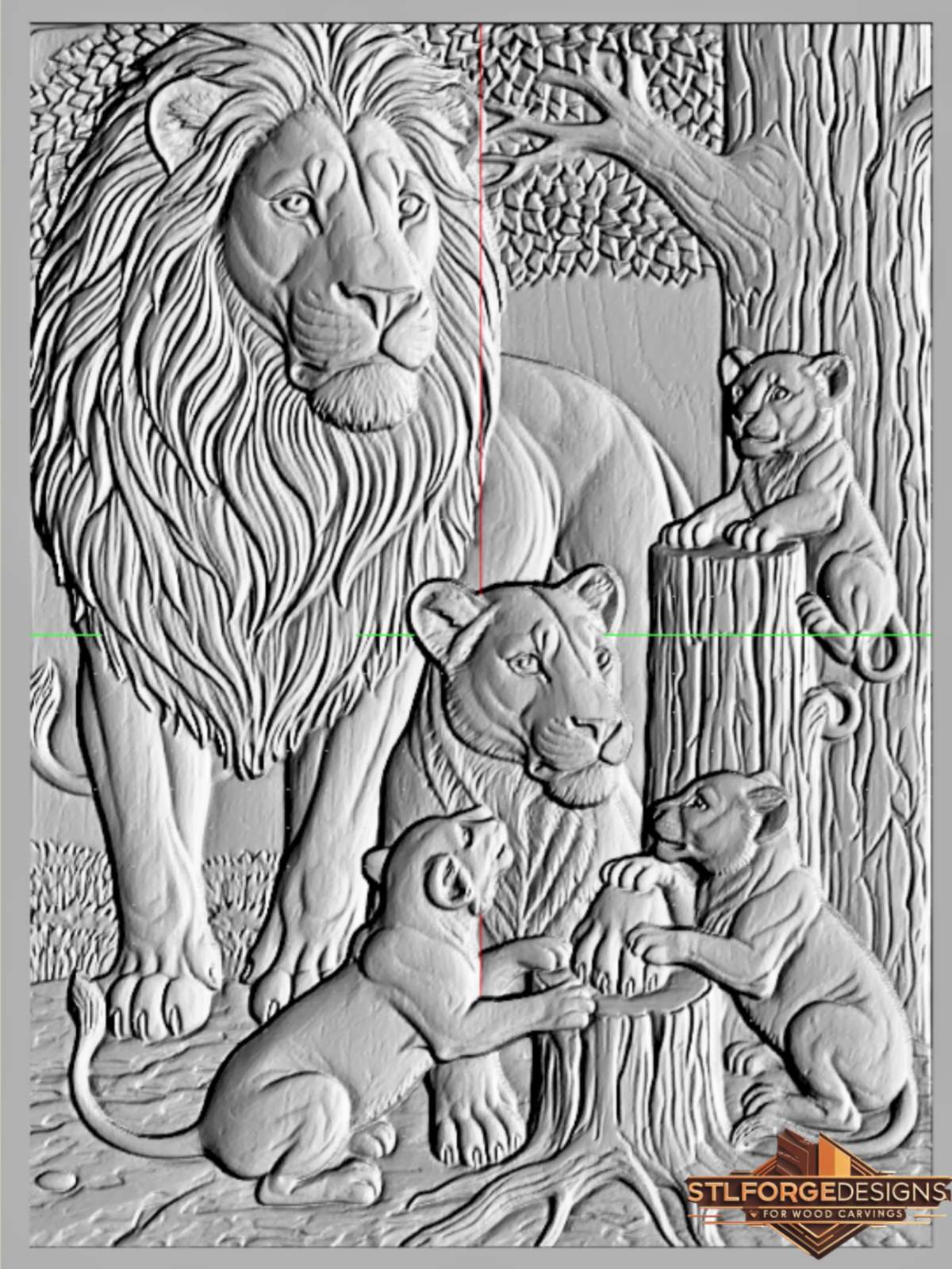 Lion family forest STL CNC detail — close-up of playful cubs around tree stump with detailed fur and roots, deep 3D relief