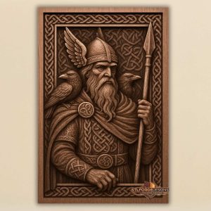 Един броня наметало STL CNC детайл — closeup на люспестия броня с плетени орнаменти и Трискел на колана, дълбок 3D релеф