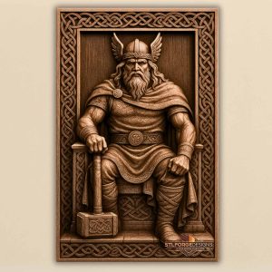 Thor throne decorated Mjolnir STL CNC wall panel — finished wood carving of Thor on knotwork throne decorated Mjolnir belt in Celtic frame, beech wood