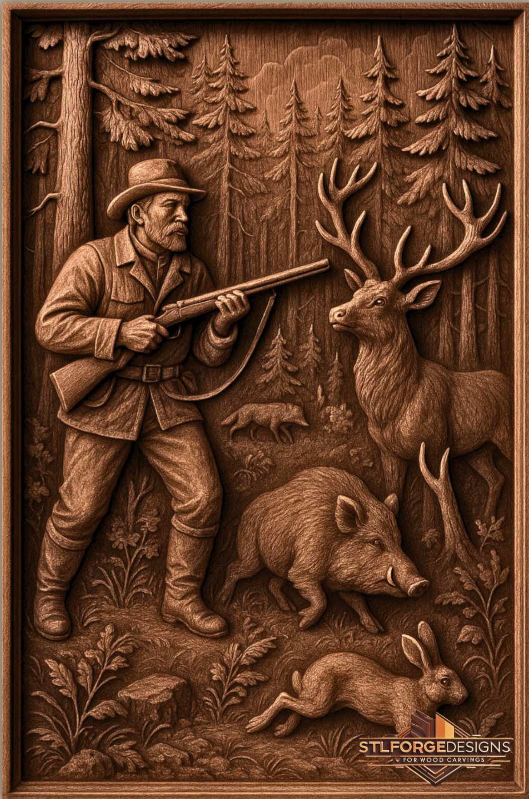 Hunter deer boar rabbit STL CNC detail — close-up of hunter aiming rifle at antlered deer with boar in foreground, deep 3D relief