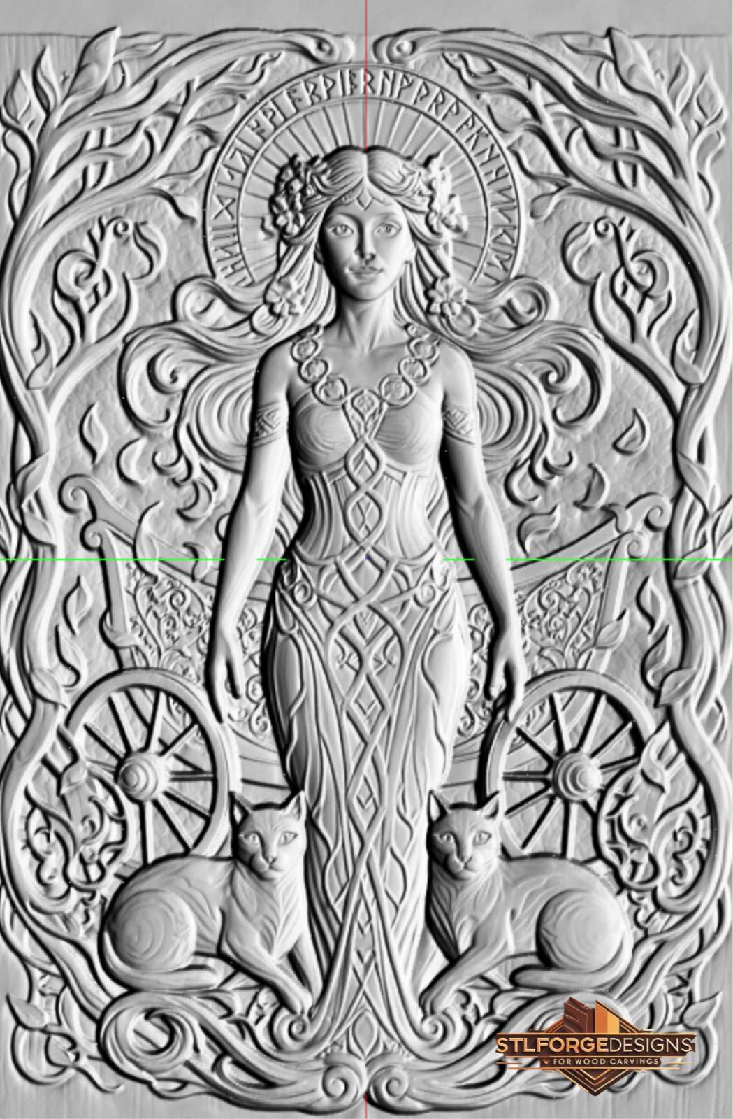 Freya CNC model detail — wood relief with chariot wheels, cats and Celtic ornaments, high resolution STL