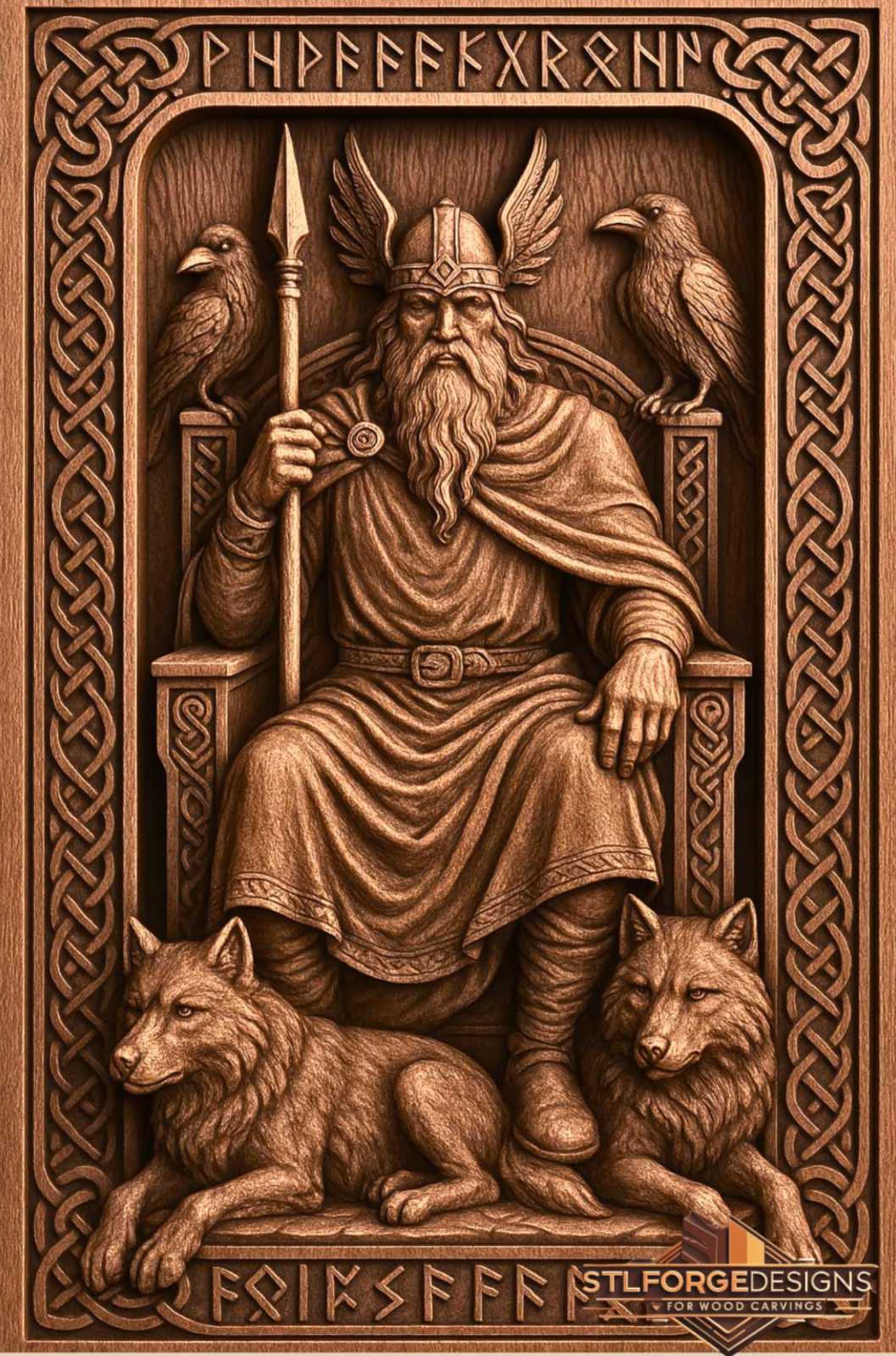 Detail STL CNC Odin throne Norse — two ravens on armrests two wolves in lower section Gungnir spear winged helmet Celtic frame with runic top and bottom borders
