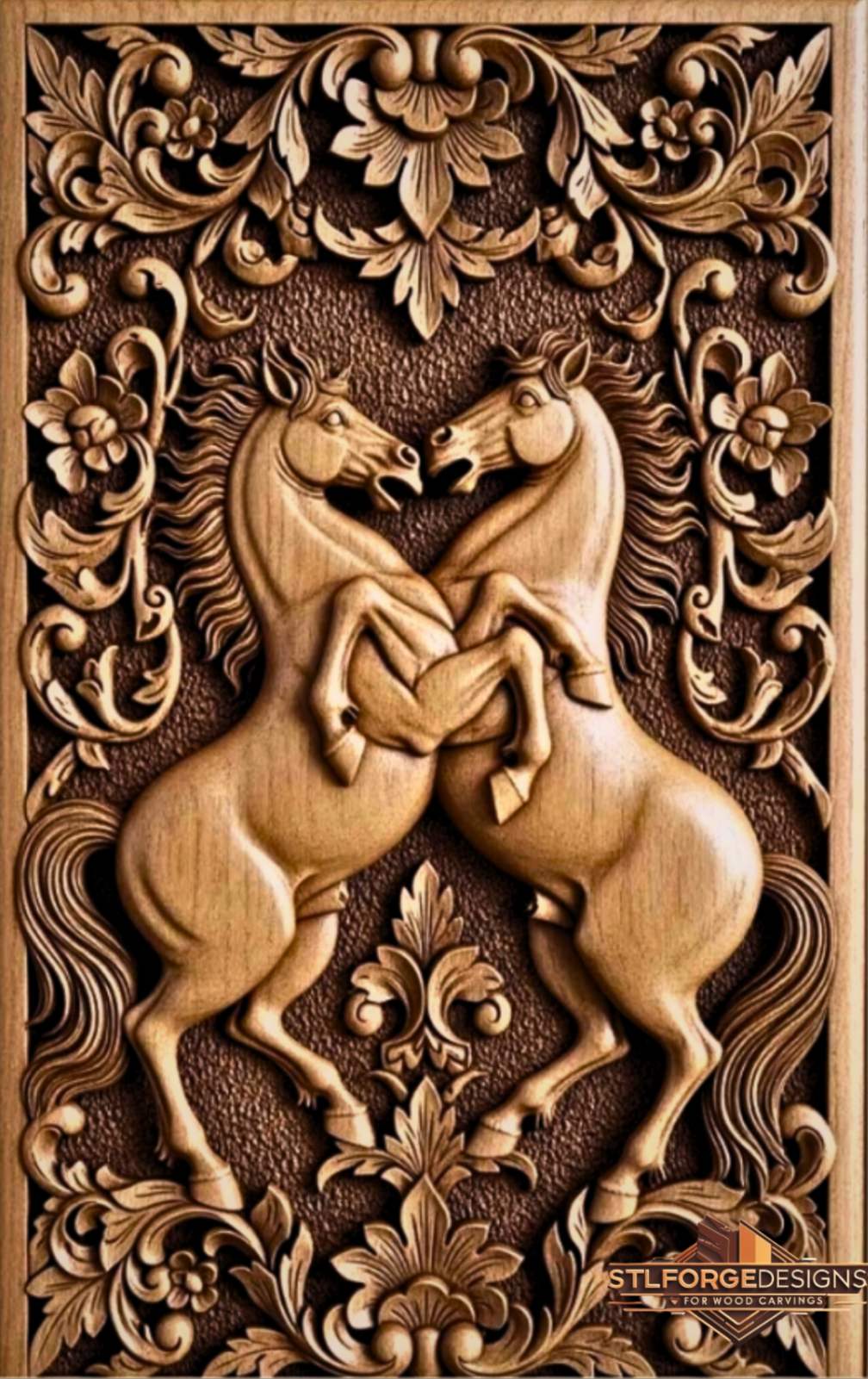 Rearing horses baroque STL CNC wall panel — finished wood carving of two rearing horses with baroque floral frame, beech wood