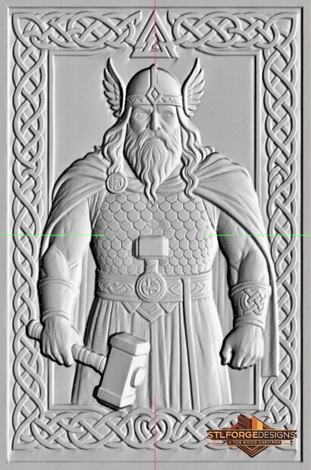 Thor Guardian STL file CNC router 3D relief — Norse god Thor full body with Mjolnir at rest valknut top winged helmet scale armor and Celtic knotwork frame wood carving model