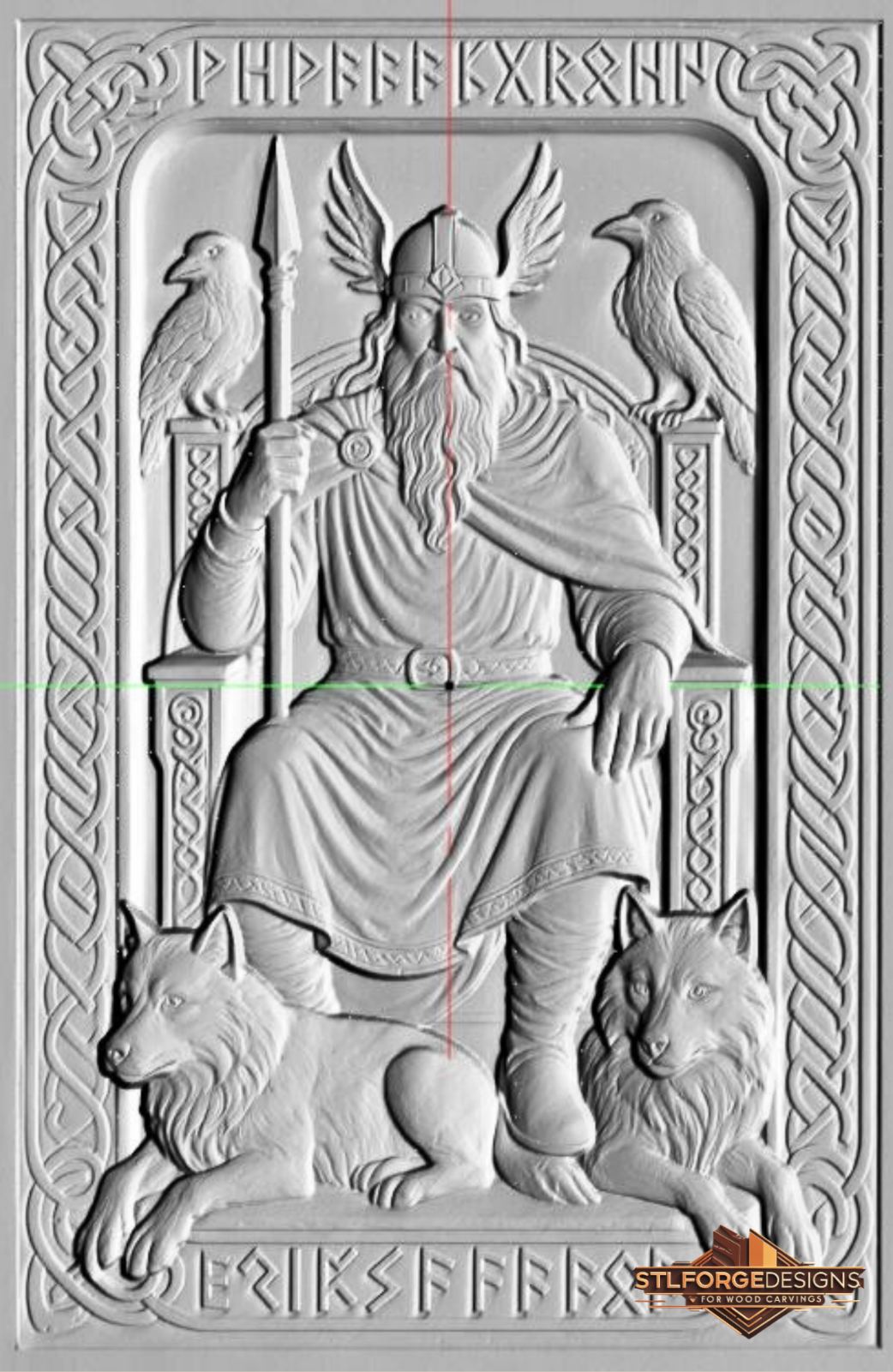 Odin throne ravens wolves STL CNC router 3D relief — Norse god Odin seated on throne with two ravens Huginn and Muninn two wolves Geri and Freki Gungnir spear runic borders and Celtic knotwork frame wood carving model