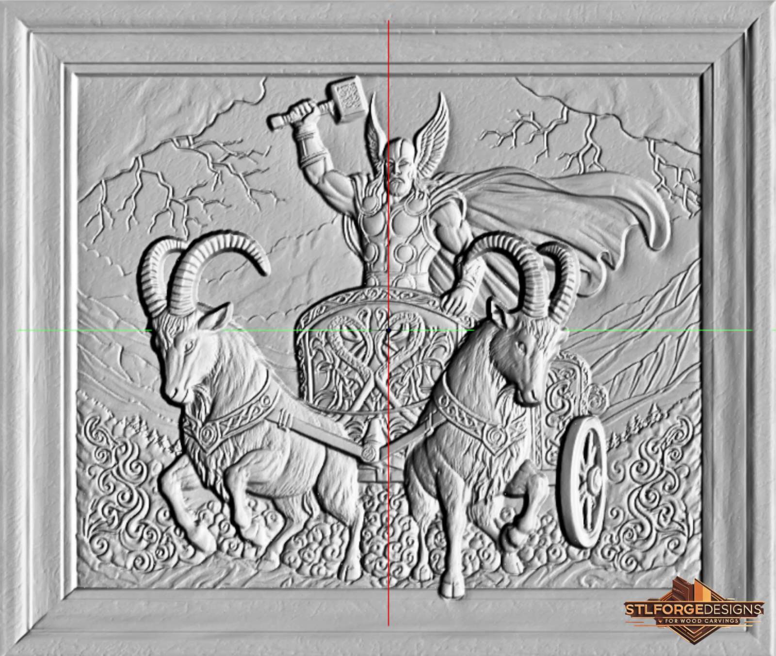 Detail STL CNC Thor chariot horizontal — Celtic decorated chariot side two horned goats Mjolnir raised lightning and bare trees background mountains right