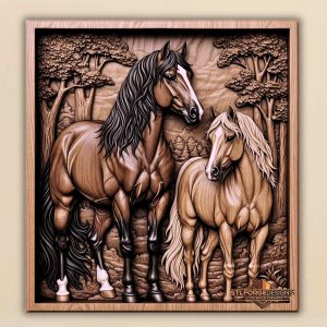 Dark light horse forest STL CNC wall panel — finished wood carving of dark and light horse in forest contrast black white mane frame, beech wood