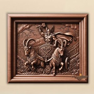 Thor chariot horizontal STL CNC router 3D relief — Norse Thor on horizontal chariot with Celtic decorated side horned goats Mjolnir lightning mountains and wooden frame wood carving model