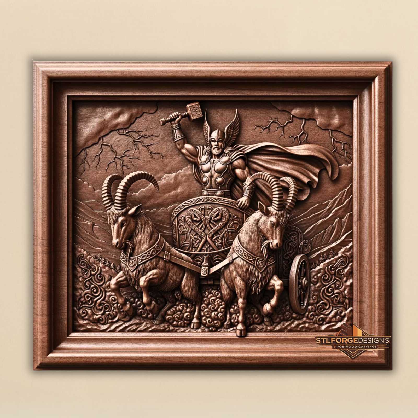 Thor chariot horizontal STL CNC router 3D relief — Norse Thor on horizontal chariot with Celtic decorated side horned goats Mjolnir lightning mountains and wooden frame wood carving model