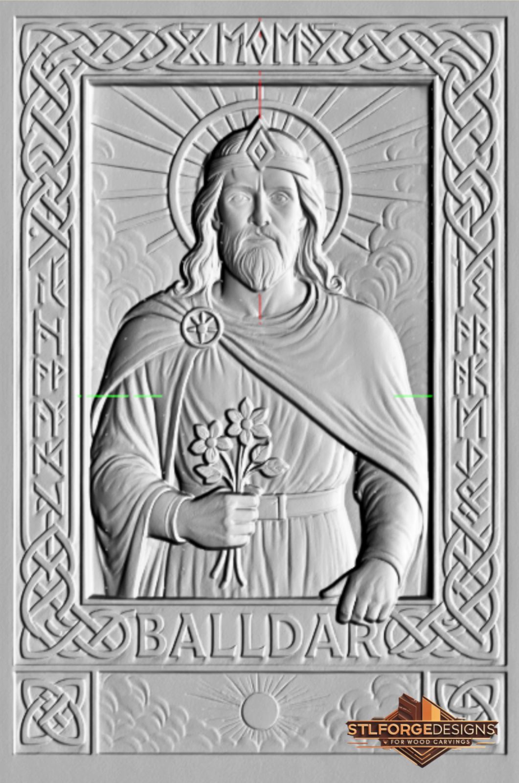 Baldur Norse god STL file CNC router 3D relief — Norse god Baldur with radiant halo crown flower runic inscriptions on both sides BALLDAR inscription and sun below wood carving model