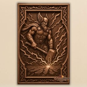 Thor strike spark Mjolnir STL CNC router 3D relief — Norse god Thor strikes earth with Mjolnir bright spark at point of impact lightning arch top Norse ornamental frame wood carving model