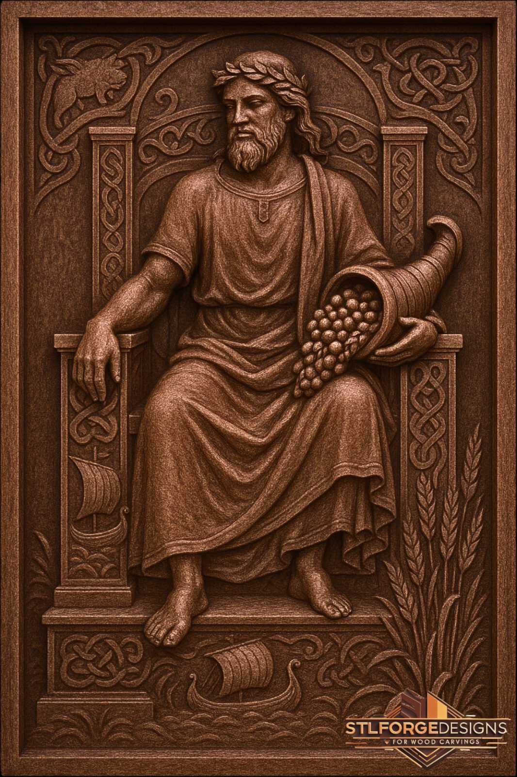 Njord CNC model detail — wood relief with sea god on throne, laurel crown, cornucopia and Viking drakar, high resolution STL