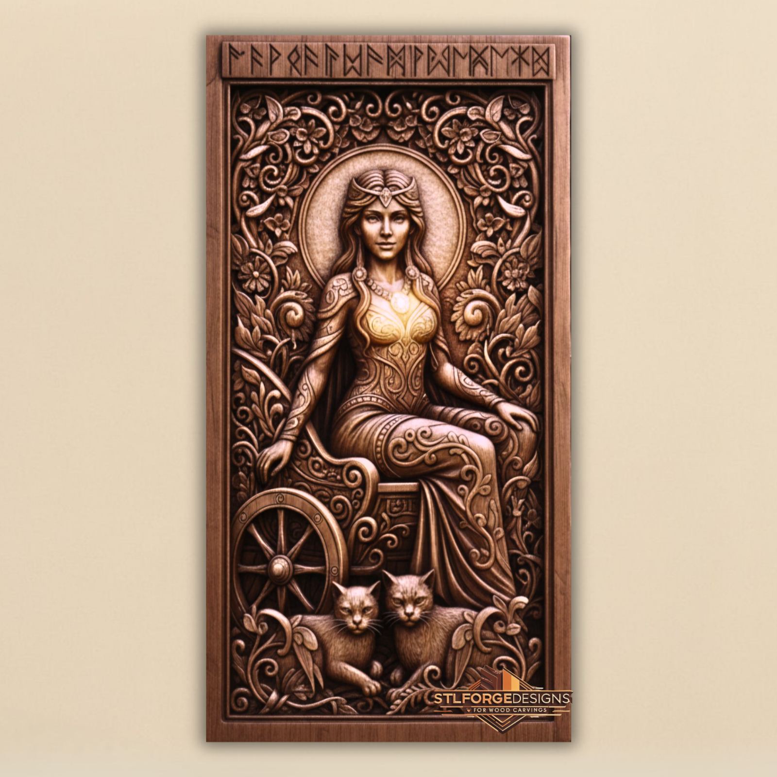 Freya throne STL CNC 3D relief — Norse goddess seated with cats, chariot wheel and rune frieze, wood carving model