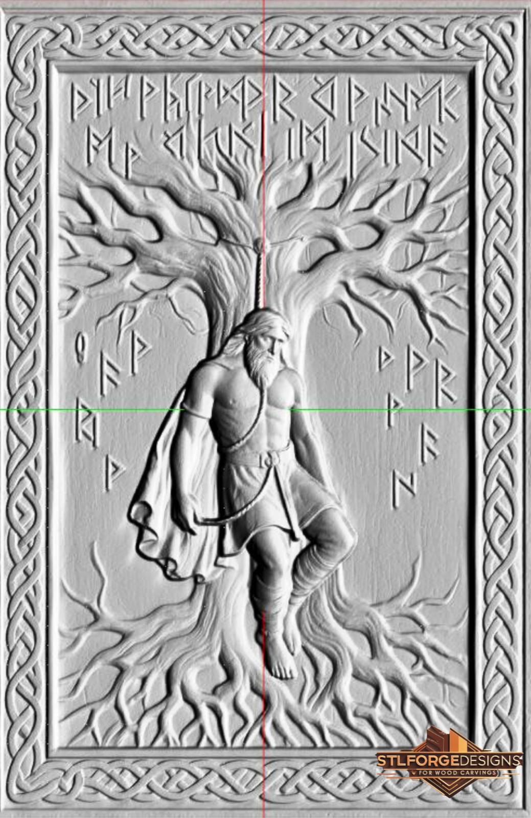 Detail STL CNC Odin Sleipnir Fenrir fire clouds — fire clouds above destroyed buildings right Fenrir with open jaws below right Odin on Sleipnir Gungnir aimed
