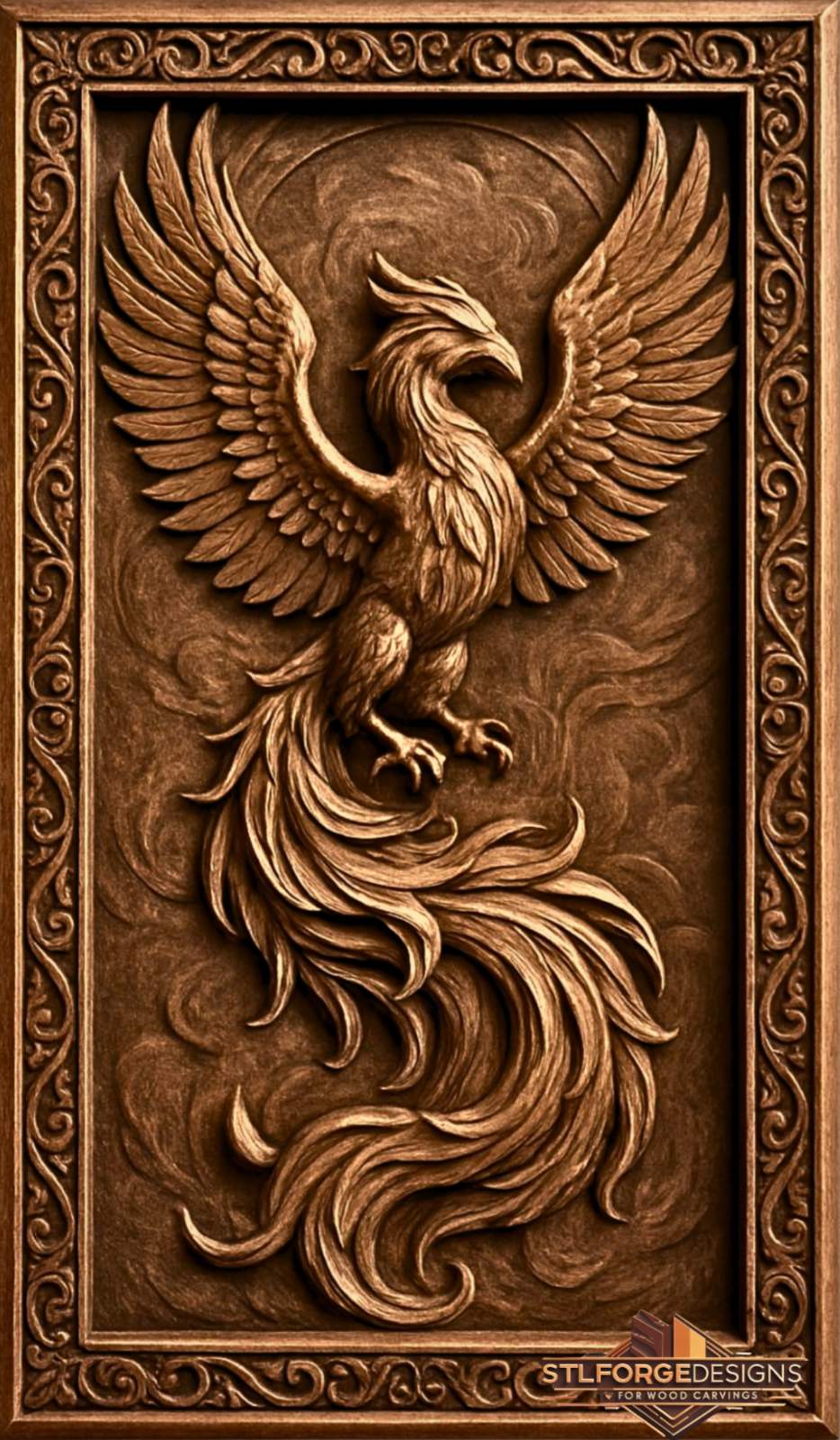 Phoenix STL File – 3D Relief CNC Wood Carving Model | Phoenix with Decorative Frame | Wall Panel - Image 2