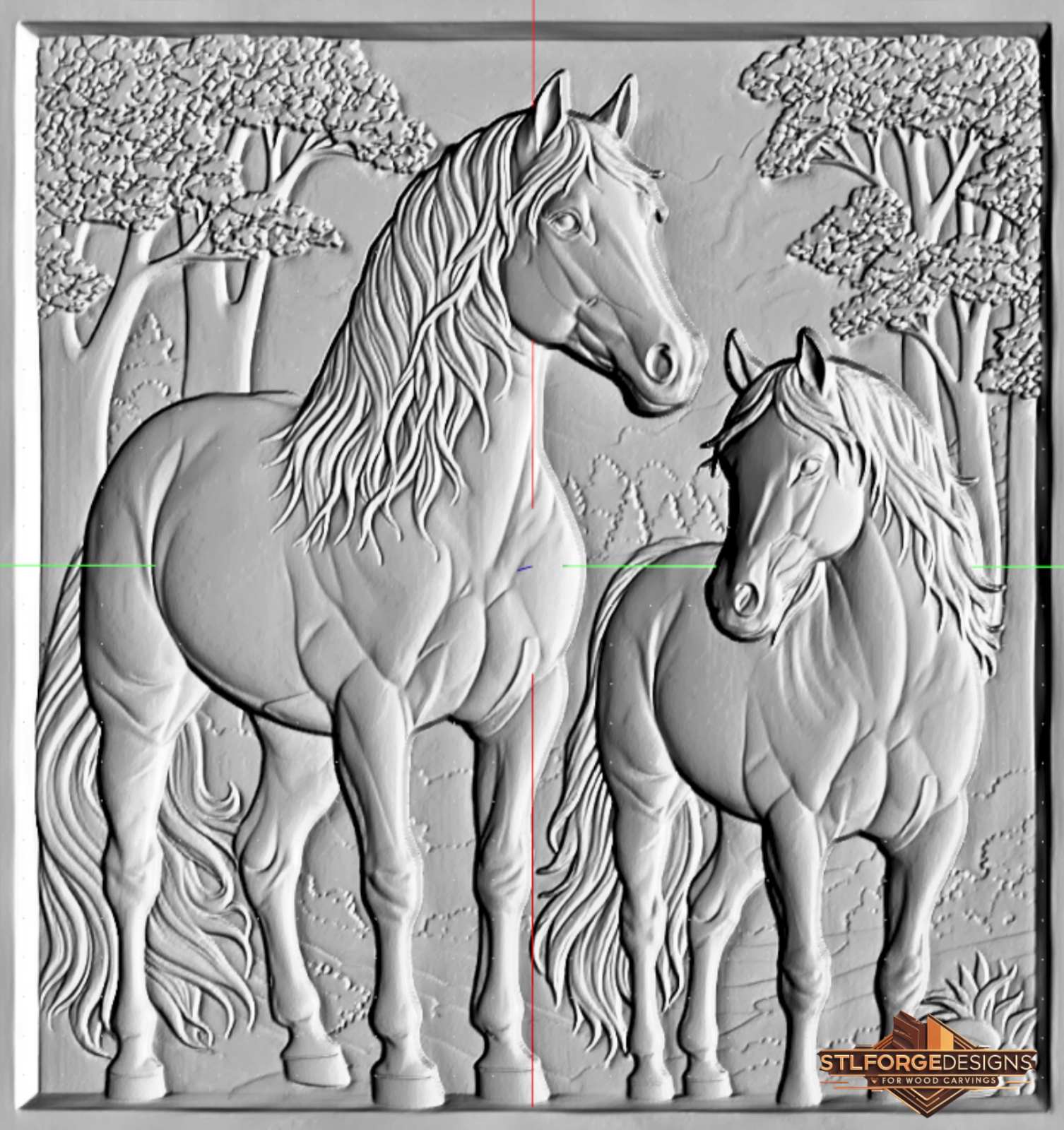 Dark light horse forest STL CNC 3D relief — dark horse with black mane and light horse with white mane in forest scene with trees in frame, wood carving model