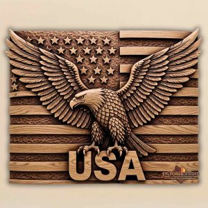 Орел USA флаг STL CNC 3D релеф — плешив орел с разперени криле върху американски флаг със звезди ивици и надпис USA, хоризонтална композиция, модел за дърворезба