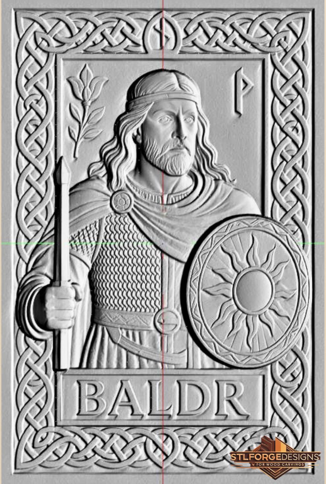 Detail STL CNC Baldur warrior Norse mythology — circular shield with sun ornament scale armor spear with flowers rune top and rune right border