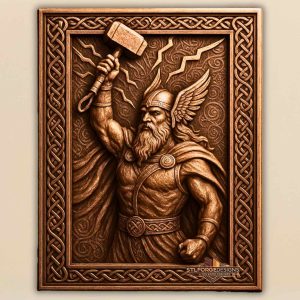 Thor attacking diagonal Mjolnir STL CNC router 3D relief — Norse god Thor in diagonal attacking pose Mjolnir breaking out of frame spiral ornamental background Celtic belt and braided frame wood carving model