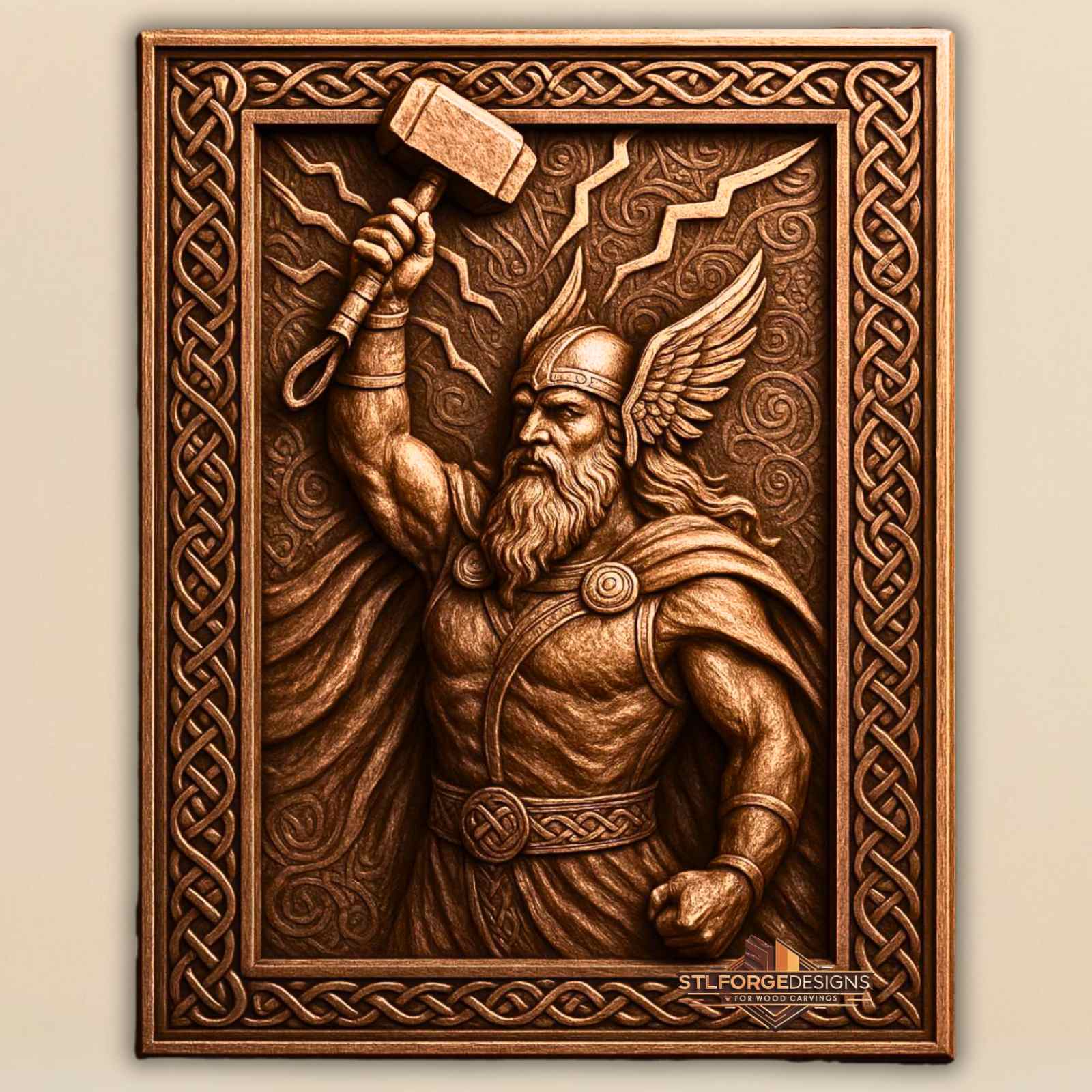 Thor attacking diagonal Mjolnir STL CNC router 3D relief — Norse god Thor in diagonal attacking pose Mjolnir breaking out of frame spiral ornamental background Celtic belt and braided frame wood carving model