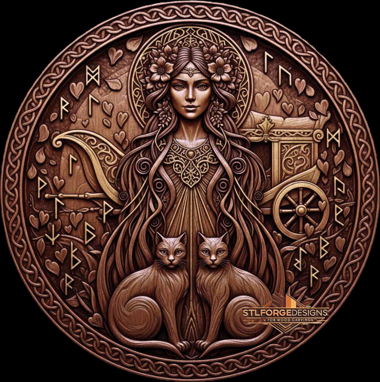 Freya Norse goddess love STL CNC router 3D relief — Norse goddess Freya with flower crown two cats before her chariot right bow left hearts runes scattered and Celtic knotwork medallion wood carving model
