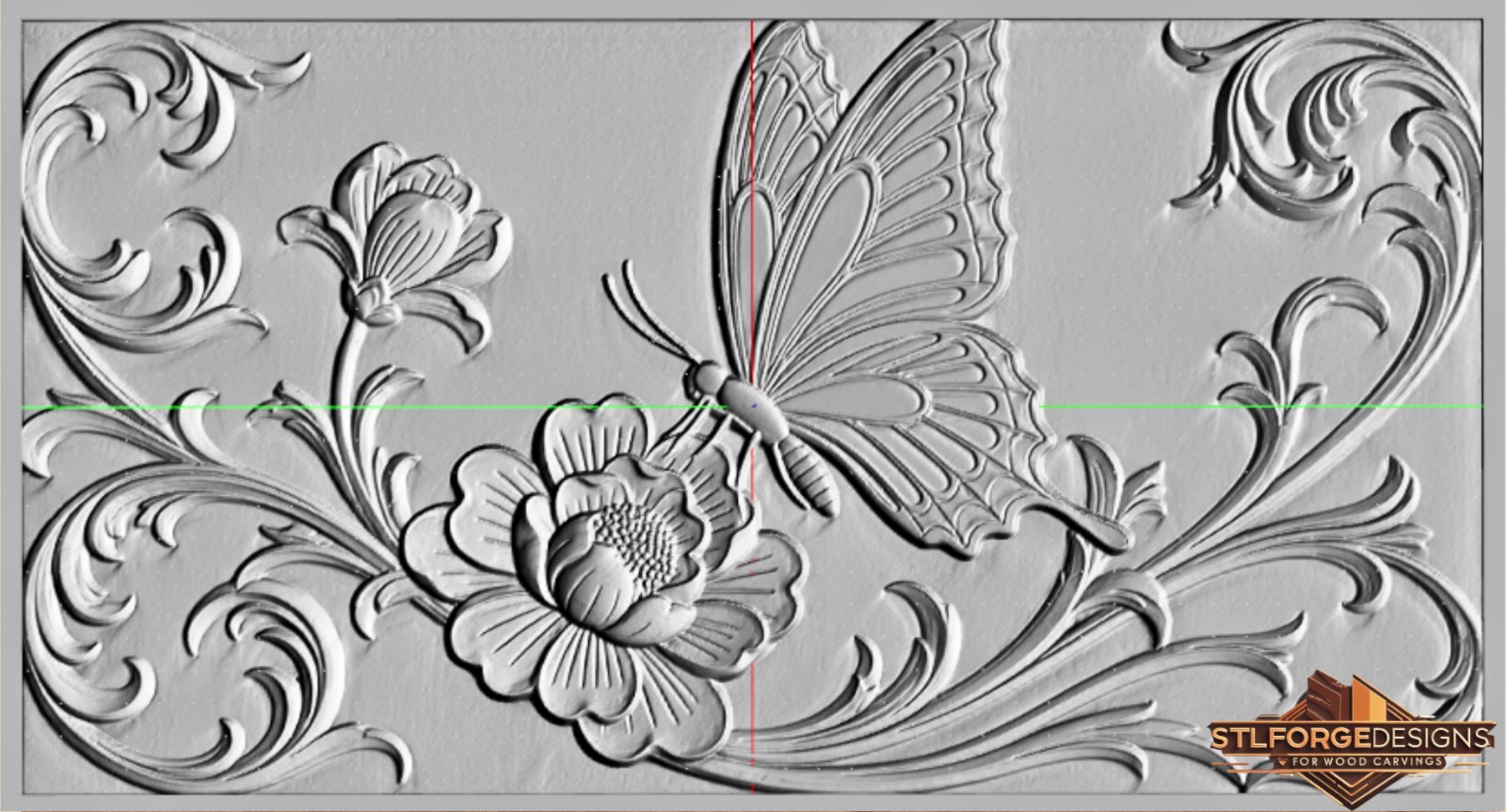 STL файл – Пеперуда с цветя и барокови орнаменти | 3D релеф за CNC | Пеперуда STL - Image 3
