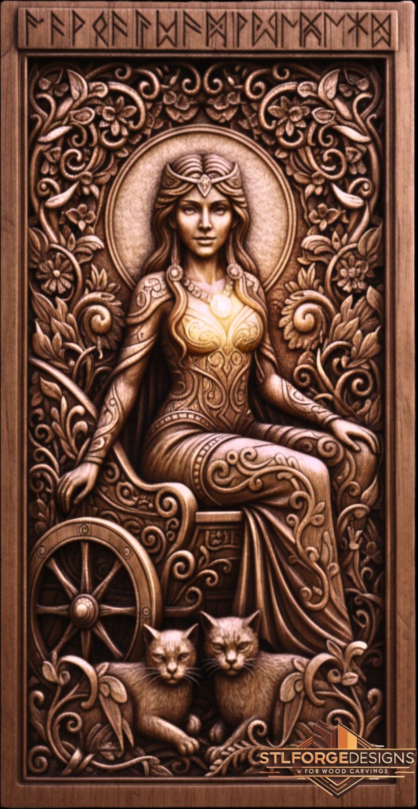 Freya STL file for CNC router — Scandinavian wall panel with goddess on throne, runes and floral knotwork