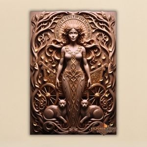 Freya chariot STL CNC 3D relief — Norse goddess with cats and rune halo, wood carving model