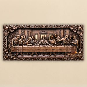 Last Supper Leonardo version STL CNC router — wide horizontal scene Christ light three windows vine frame and floral panels. Aspire, ArtCAM, Fusion 360. Commercial license included.