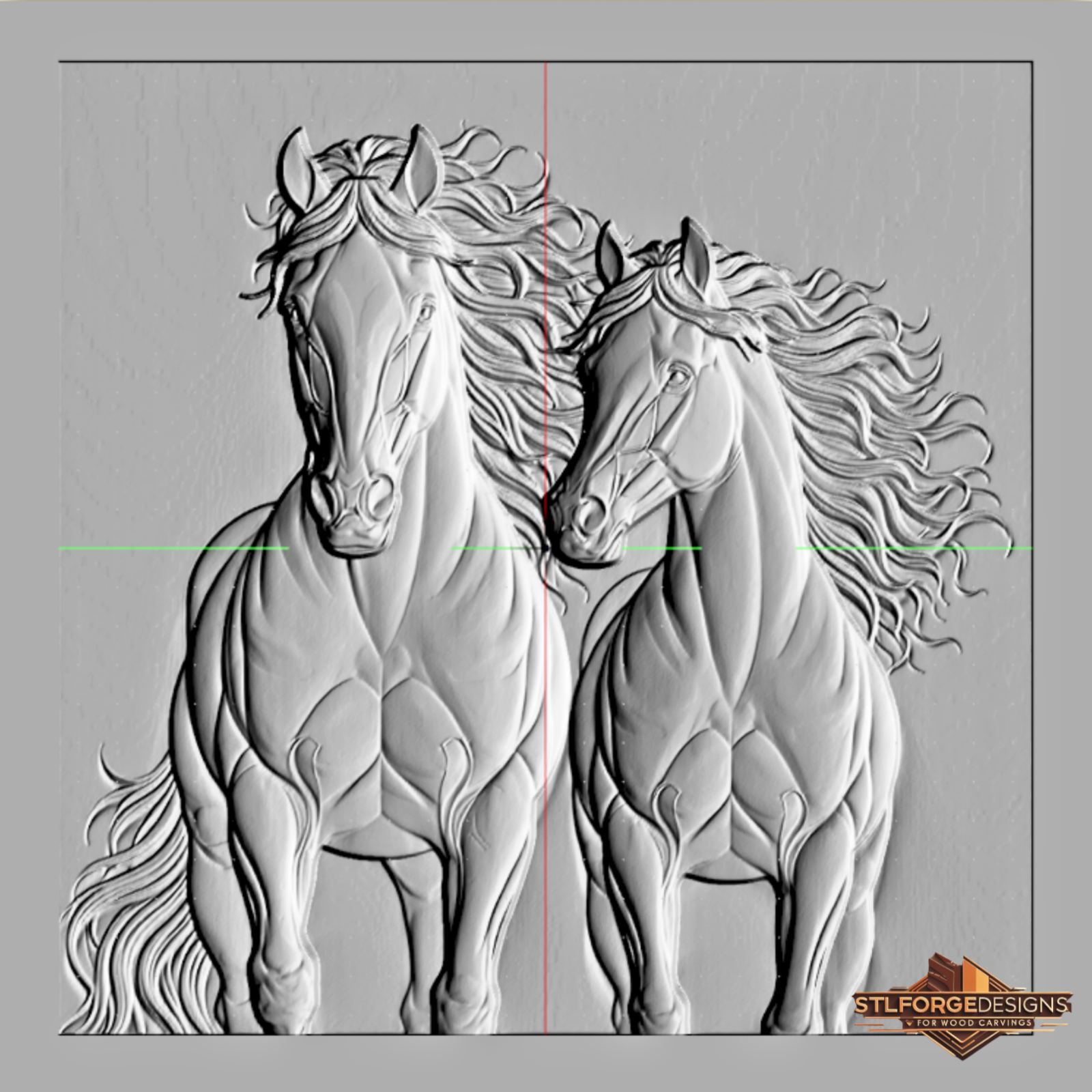 Horses flowing manes STL CNC detail — close-up of flowing mane with multi-layer wave strands, deep 3D relief sculptural texture