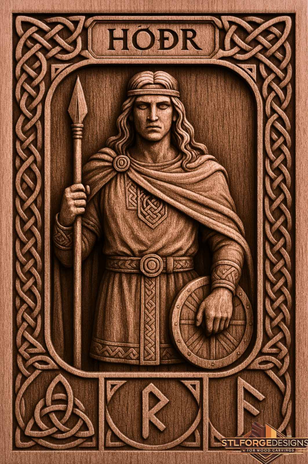 Detail STL CNC Hodr Norse mythology — semi-closed eyes Norse labyrinth ornament on cloak circular shield spear and three rune panels in lower section