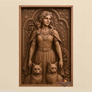 Freya goddess cats chariot STL CNC router 3D relief — Norse goddess Freya standing full height hands on two cats flower crown chariot wheel right floral background with leaves and arch wood carving model