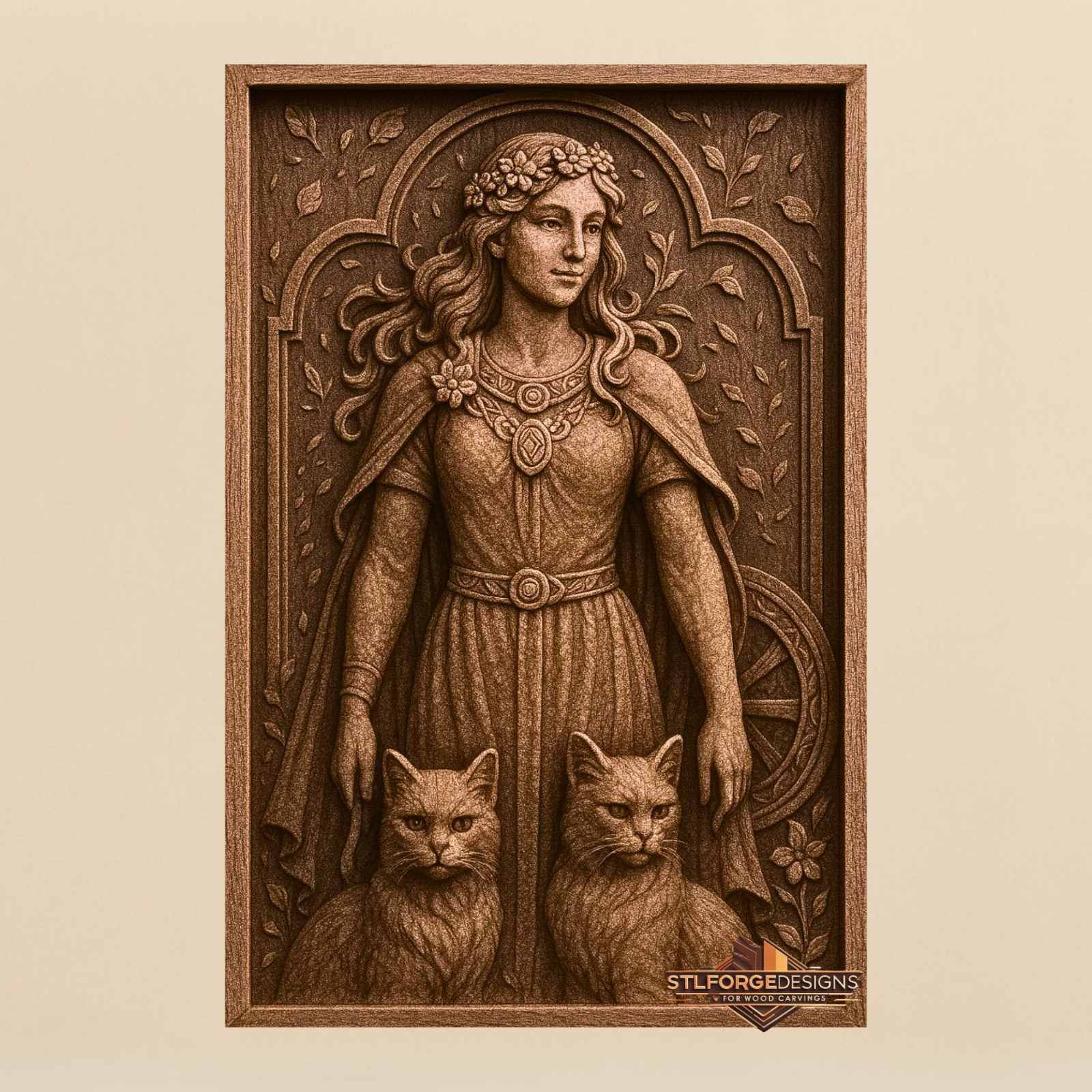 Freya goddess cats chariot STL CNC router 3D relief — Norse goddess Freya standing full height hands on two cats flower crown chariot wheel right floral background with leaves and arch wood carving model