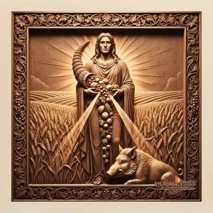 Freyr harvest STL CNC 3D relief — Norse god of abundance in wheat field with cornucopia and boar, wood carving model