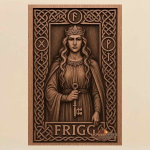 Frigg rune medallions STL CNC wall panel — finished wood carving of Frigg rune medallions key and FRIGG inscription in Celtic frame, beech wood
